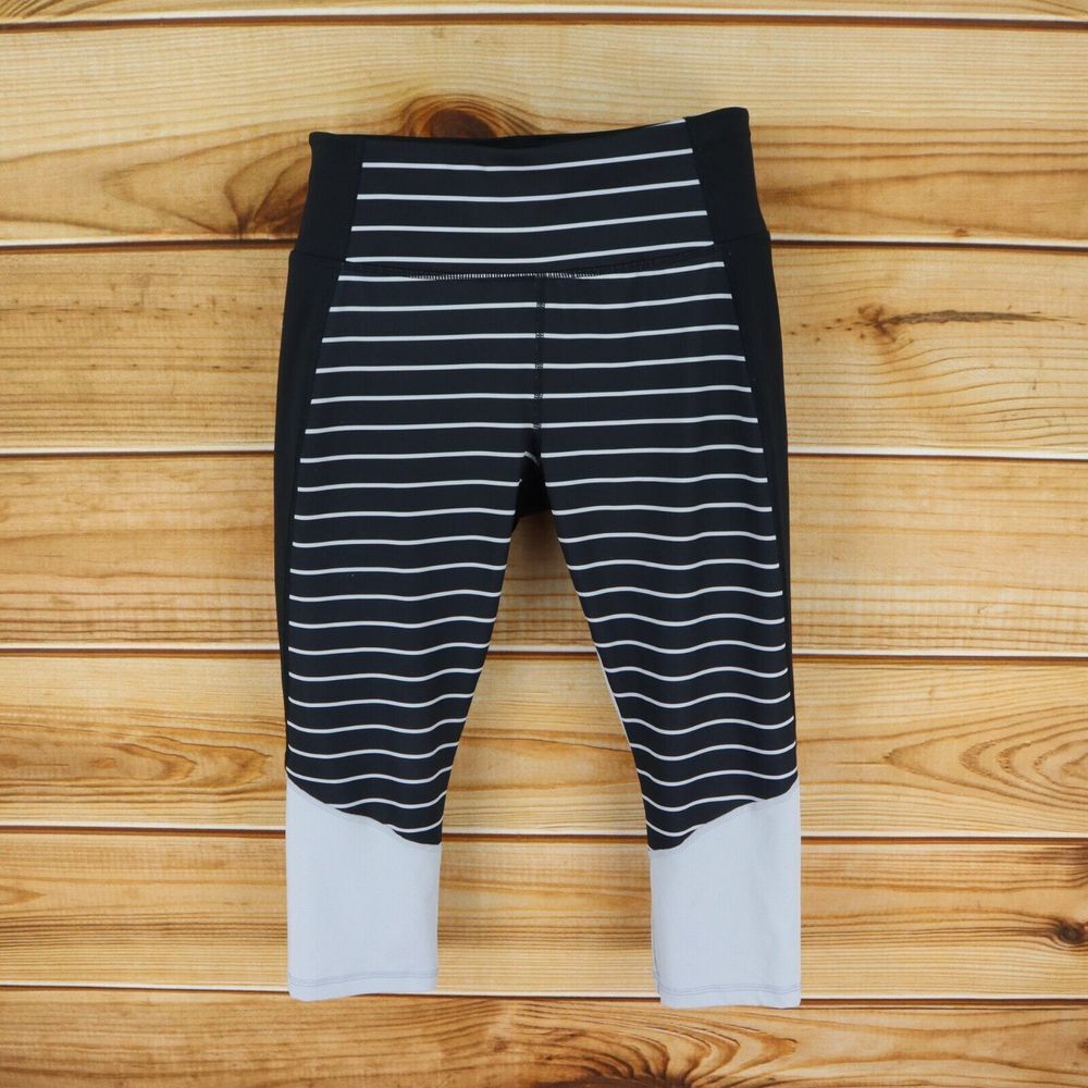 Athletic Works‎ Capri Leggings Womens M Black Gray Striped Elastic Waist Stretch